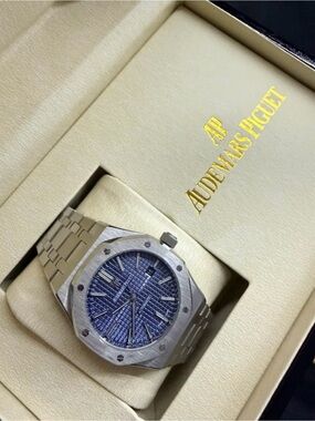 Audemars Piguet Silver Steel Watch with Blue Textured Dial